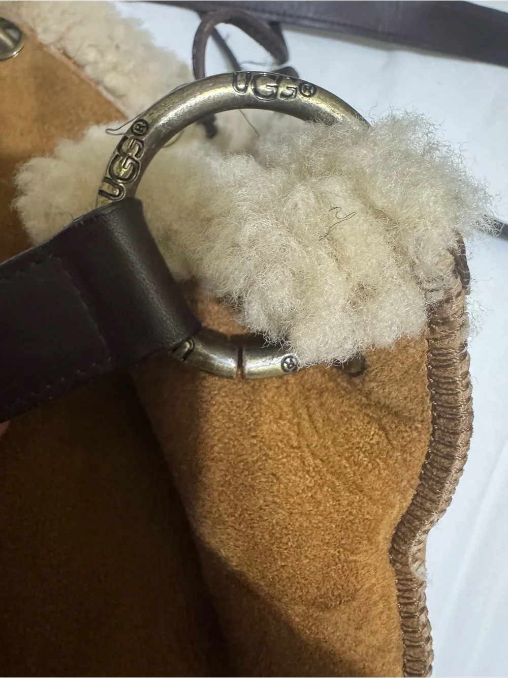 UGG Brown Suede and Dark Brown Leather Messenger Bag with Shearling Trim